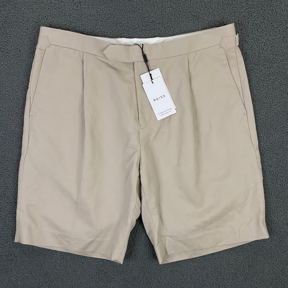 Reiss Shorts Mens 34 Chino Cotton Linen Plaid Buckle Preppy Tan Khaki NWT
